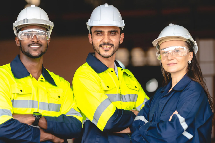 Three workers in hard hats and safety glasses stand with arms crossed on a job site