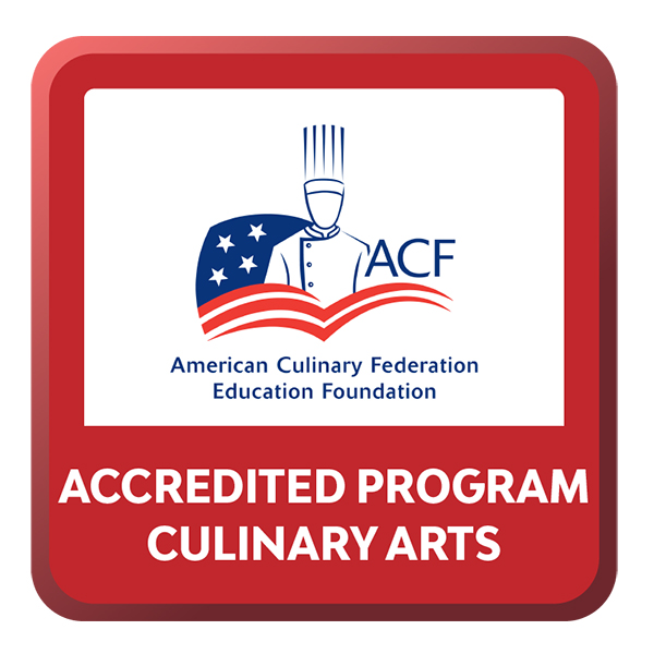 The image shows an American Culinary Federation Education Foundation accredited program badge for Culinary Arts. It features the ACF logo on a red and white square emblem.