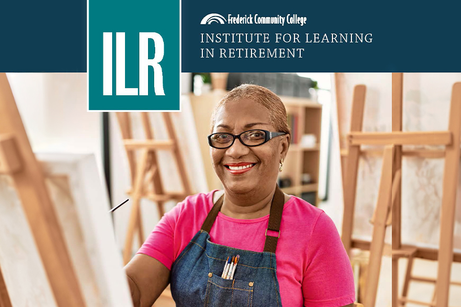 Cover of the Institute for Learning in Retirement course schedule, featuring a smiling woman in a denim art apron standing among painting easels in a studio.